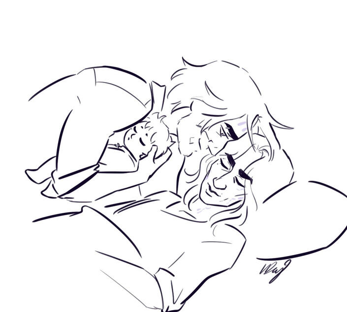 A black and white drawing of Jayce, Viktor, and their child. Jayce appears as he is at the end of season 2, and is holding an infant to his chest, while he touches his forehead to a sleeping Viktor. Viktor is human, with shoulder length hair, and is laying