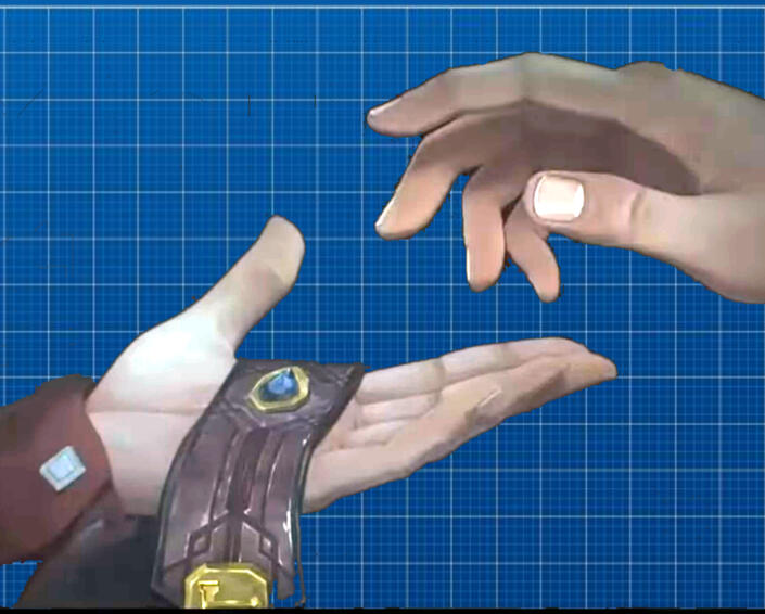 Image of Jayce and Viktor's hands, from the scene where Jayce takes his bracelet back from Viktor, against a blueprint pattern.
